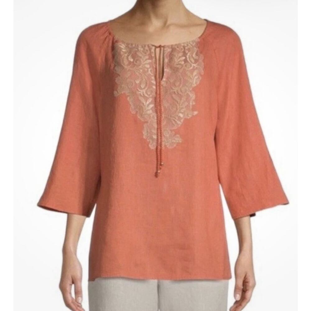 Chico's 1 Linen Tunic Medium Orange Boho Chic Peasant Top Festival Hippy Concert
